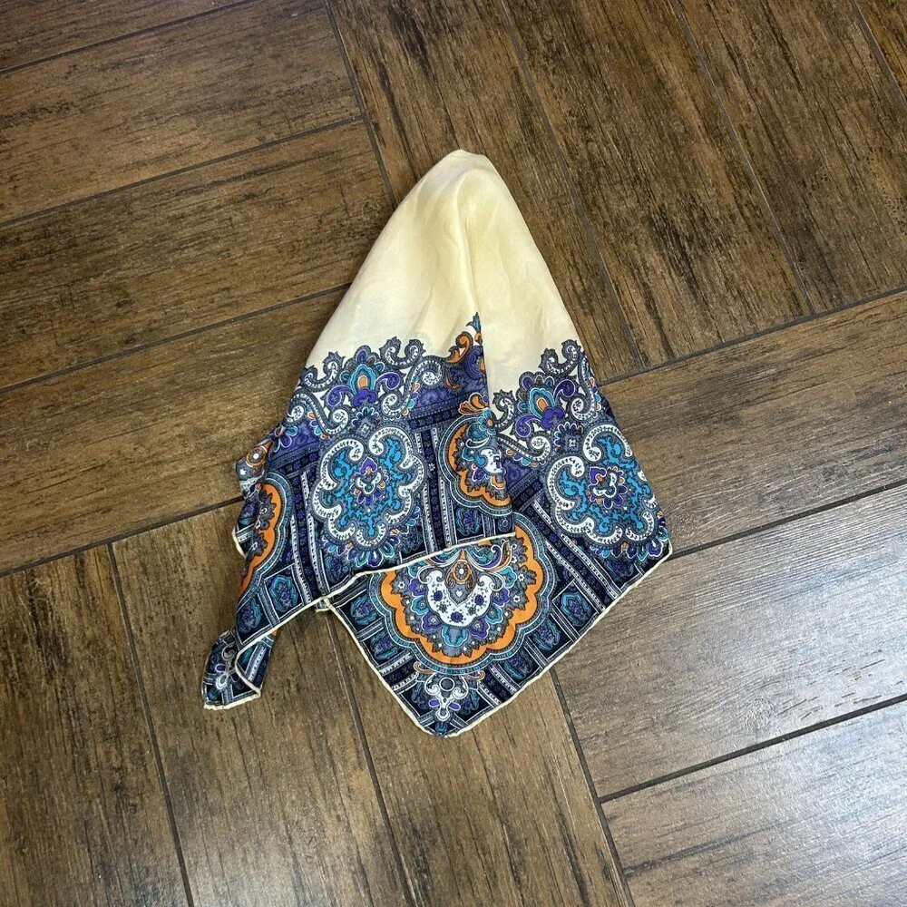 Vintage 100% Silk Colorful Edge Oversized Foulard Paisley Hand Rolled Scarf